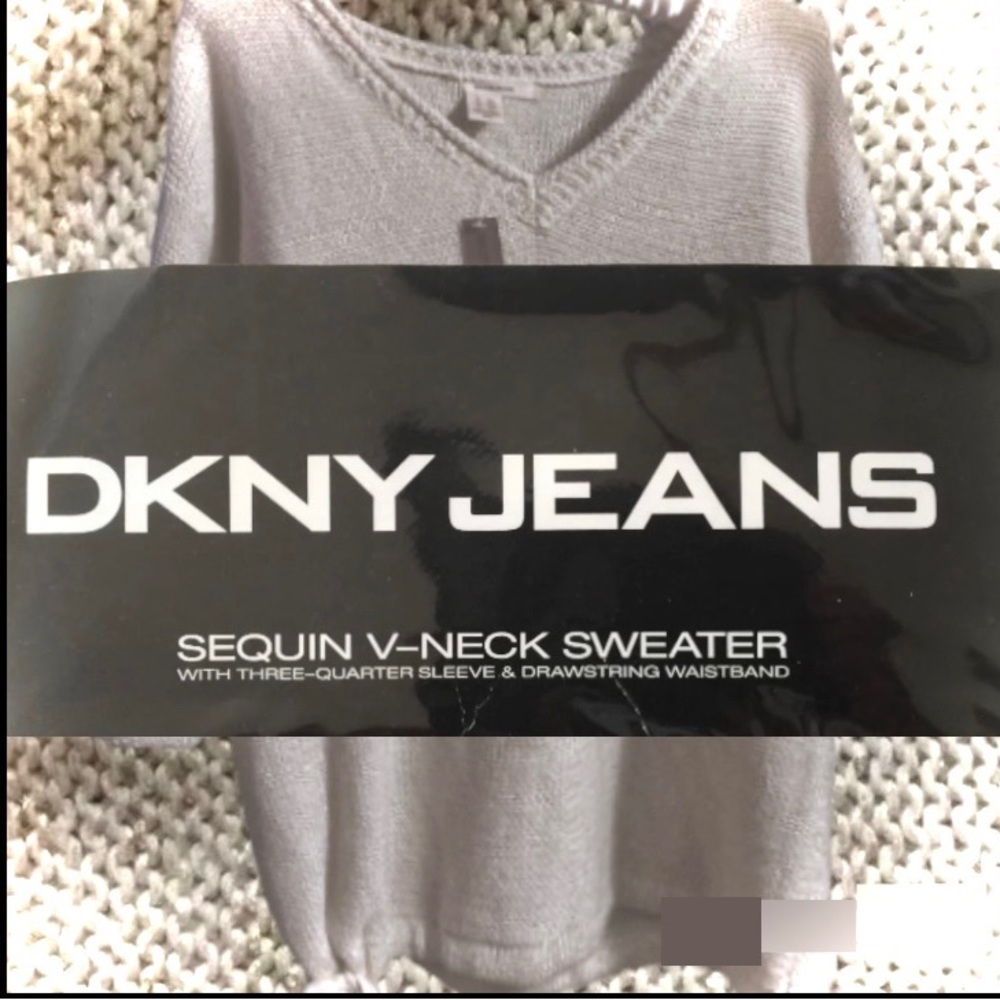 DKNY Jeans Sequin V-Neck Sweater 3/4 Sleeve Drawstring Beige Knit Wmns Small NEW